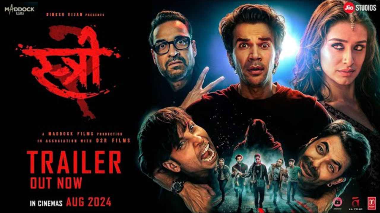 Featuring Rajkummar Rao, Shraddha Kapoor, and Pankaj Tripathi with an eerie backdrop and red letters announcing the trailer release, Stree 2 trailer poster